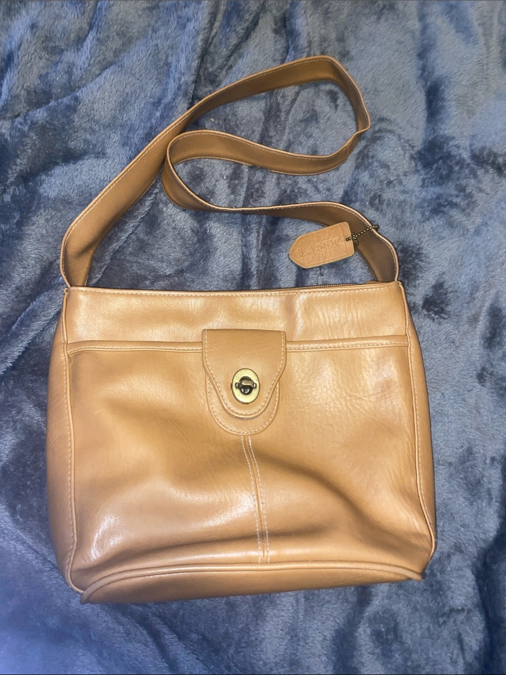 Classic Tan Faux Leather Shoulder Bag with Turn-Lock Flap